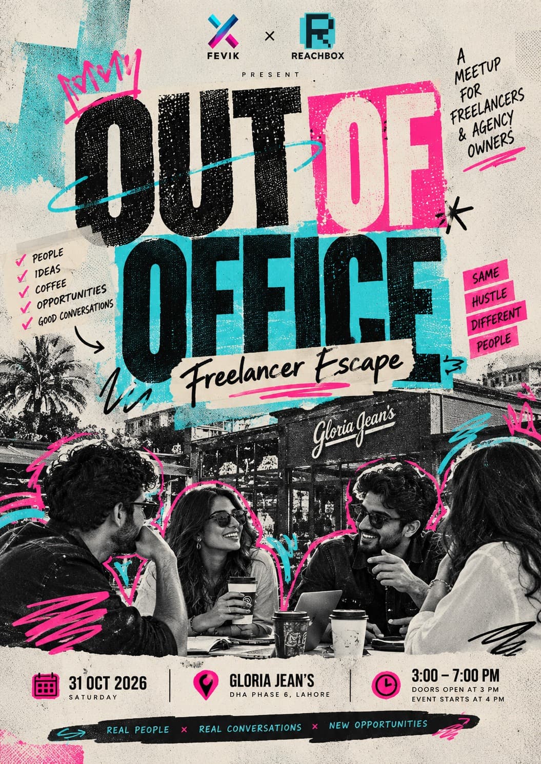 Out of Office poster: 31 Oct 2026 at Gloria Jean's, DHA Phase 6, Lahore, 3:00 – 7:00 PM